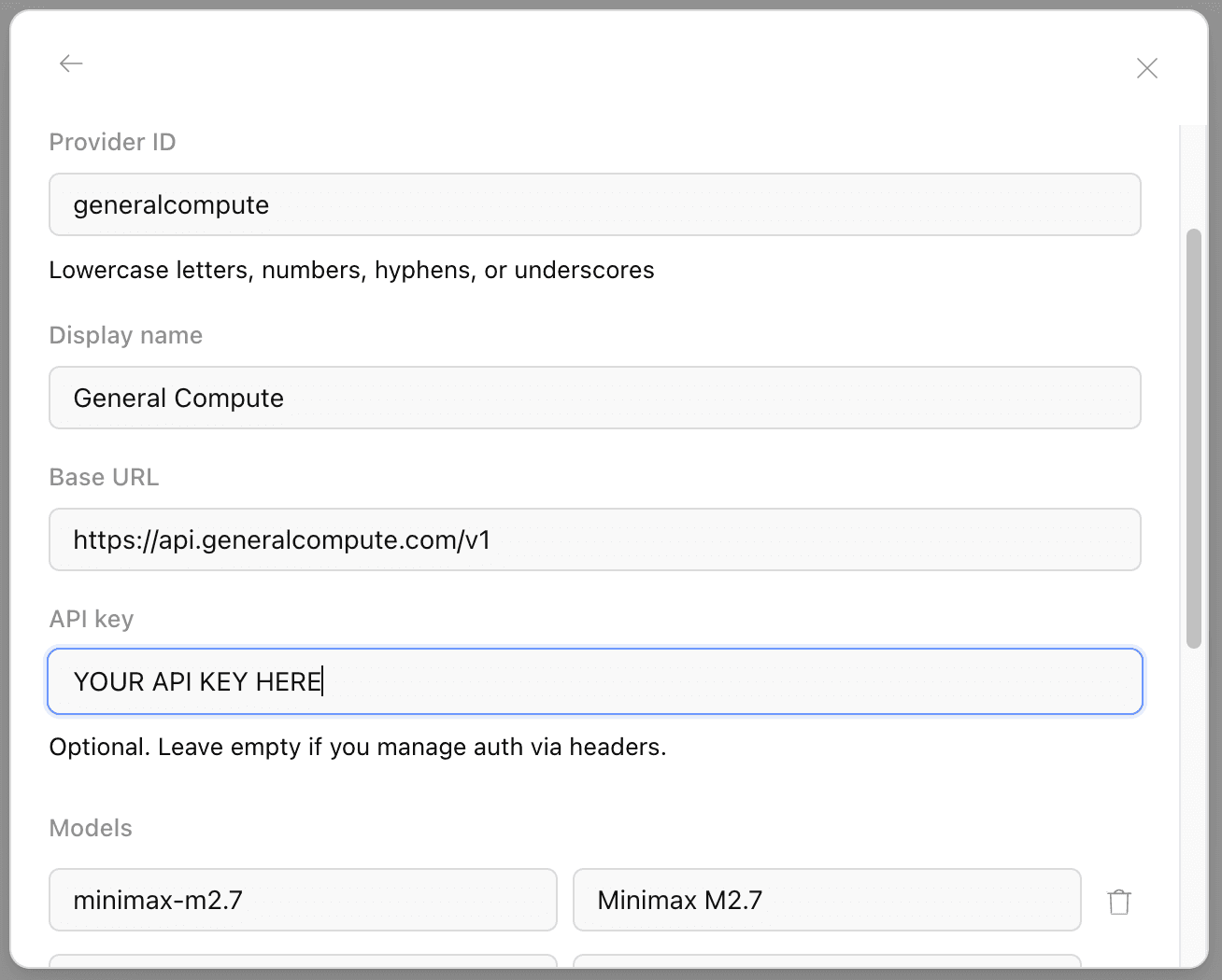 OpenCode custom provider form filled with General Compute values