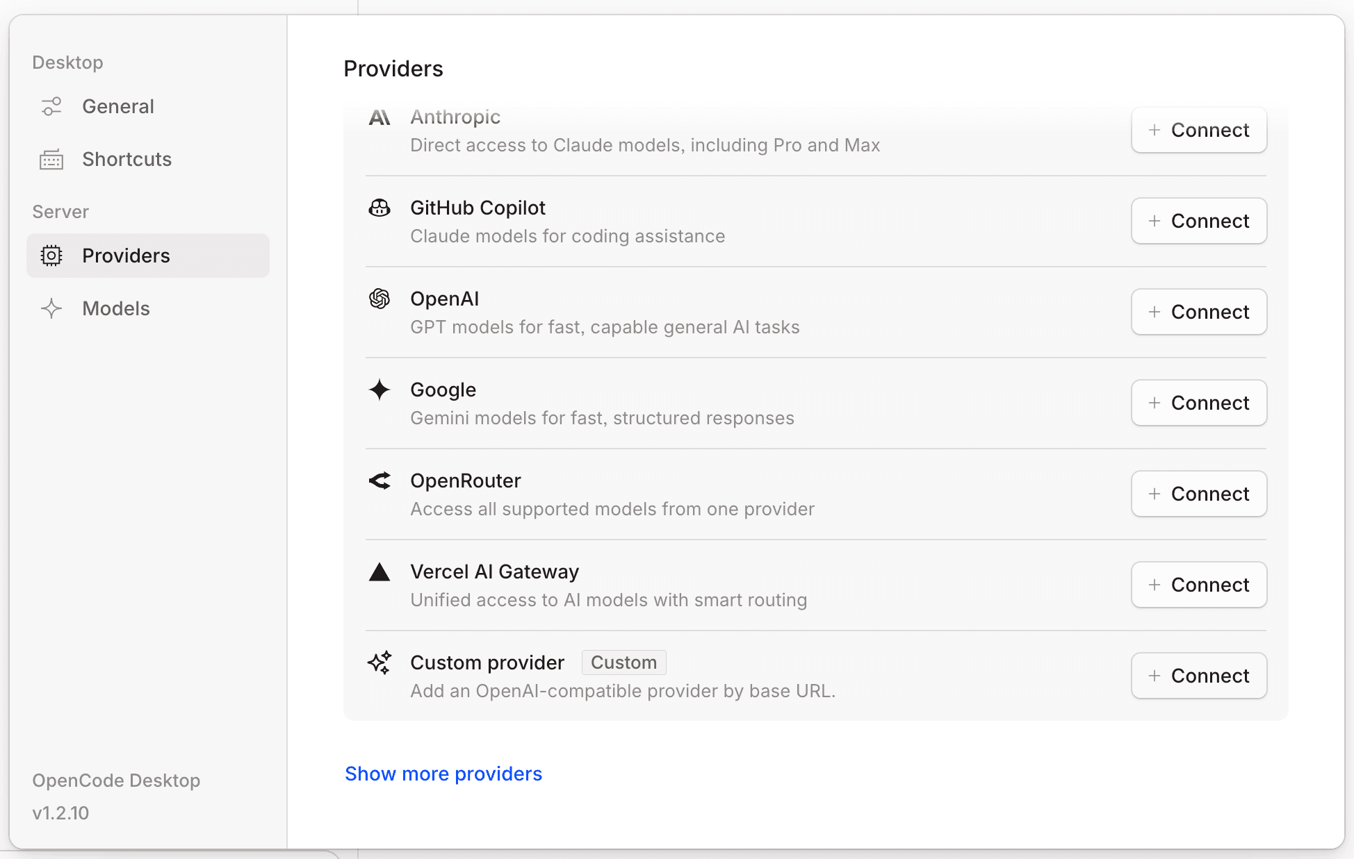OpenCode Settings → Providers, with the Custom provider row